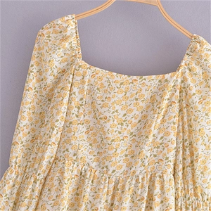 French vintage floral long sleeve dress with square neck and puffed sleeves in yellow print