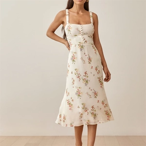 Robe Midi Florale Vintage Français Femmes Été Sans Manches Col Carré Boutons Coupe Trapèze Vacances Robe Douce