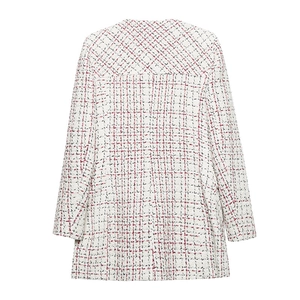 Slim fit white tweed long sleeve cardigan jacket with pink and black plaid patterns