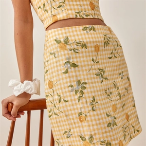 Minigonna a Vita Alta con Stampa di Limoni Vintage Francese Gingham Giallo e Bianco Slim Bodycon Gonna a Linea A Donna