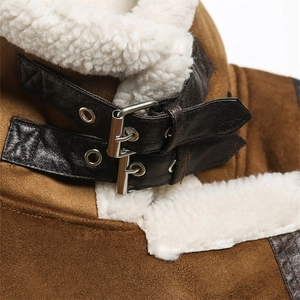 Brown faux suede jacket with white shearling lining and adjustable collar straps