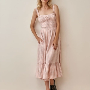 Robe Midi Vichy Vintage Français pour Femmes Nœud Bretelles Ourlet à Volants Col Carré Dos Smoké Pastorale Rose Blanc Robe