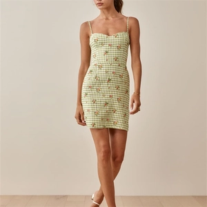 Vestito Mini Gingham Pastorale Francese Aderente con Spalline Sottili Prendisole per Vacanze Estive Scollo a Cuore