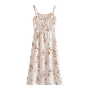 Robe d'été fleurie vintage française avec dos smocké et larges bretelles à volants