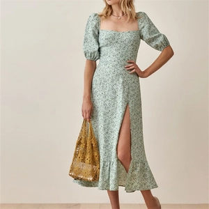 French Vintage Square Neck Puff Sleeve Floral Midi Dress With Slit Ruffle Hem Sexy Smocked Backless Dress For Women