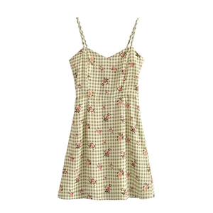 Abito con spalline stile country francese a quadretti verdi e fiori rossi
