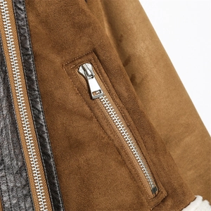 Brown suede jacket with leather trim, metal zipper pocket and warm fleece lining