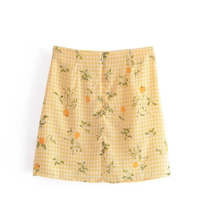 Gonna a trapezio vintage a vita alta con quadretti vichy gialli e stampa di limoni