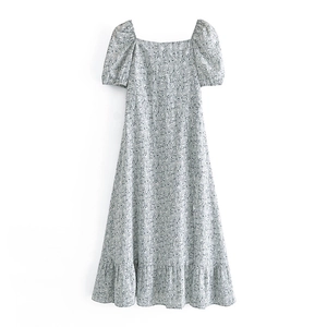 French vintage light blue floral midi dress with square neck, puff sleeves and slit hem