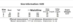 Detailed size guide for casual long sleeve dress with bust and waist dimensions in cm