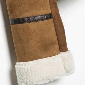 Short asymmetrical lapel jacket with shearling lining and brown faux suede texture