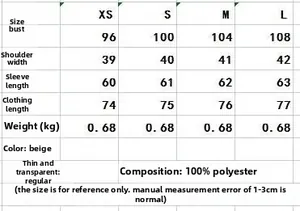 Detailed size chart for solid color blazer showing bust, shoulder, and sleeve measurements