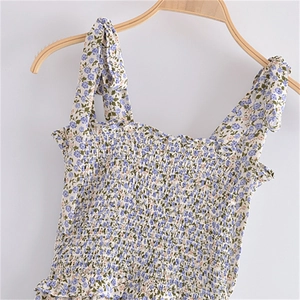 Top court fleuri vintage français avec smocks et bretelles à nœuds ajustables