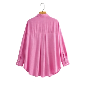 Damen Übergröße Baumwoll-Leinen Hemd in Rosé-Pink mit Knopfleiste und langen Ärmeln