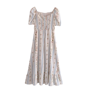 Robe midi à fleurs de style français avec col carré, manches bouffantes et fente
