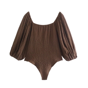 Slim fit textured brown puff sleeve bodysuit with square neck and vintage flair