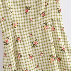 Abito corto stile country francese a quadretti verdi con stampa floreale e spalline