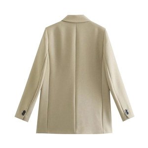 Back view of beige oversized long sleeve blazer with notched lapel and buttoned cuffs