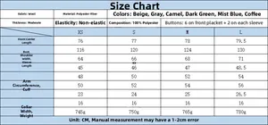 Size guide for loose solid color button-up jacket showing measurements and fabric details