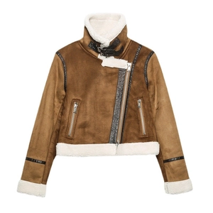 Women's brown faux suede aviator jacket with white faux fur lining and zipper details