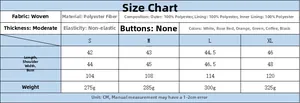 Size chart showing S to XL dimensions and polyester fabric specs for women's padded vest