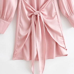 Elegant light pink satin long sleeve dress with waist tie and gathered details