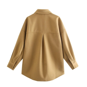 Back view of a khaki oversized shacket with a box pleat and dropped shoulder seams