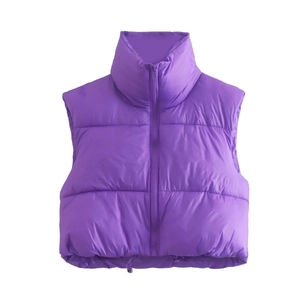 Detail of purple quilted vest with high stand collar, zipper and adjustable drawstring hem