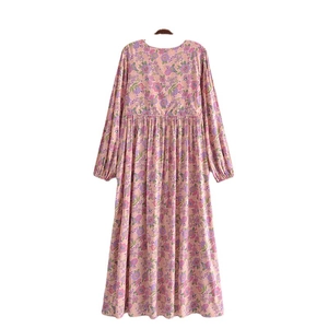 Boho V-neck floral midi dress with tassels and long sleeves in lavender pink