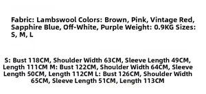 Size chart for women oversized fleece coat with detailed measurements and fabric info