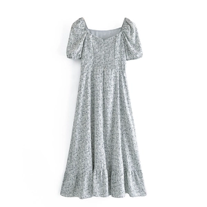 French retro floral square neck puff sleeve dress with smocked waist and side split