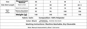 Tableau des tailles détaillé pour jupe en satin noir à taille haute du XS au L avec mesures