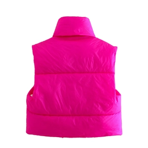 Women's minimalist rose pink high-collar puffer vest with sleek horizontal quilting design