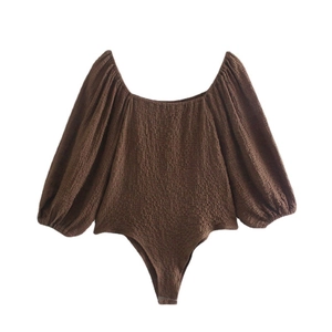 Deep brown puff sleeve bodysuit with square neck and textured seersucker fabric finish