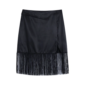 Jupe en Satin Noir à Taille Haute pour Femmes Avec Franges Portefeuille Asymétrique Ourlet Patchwork Élégante Casual Mini Jupe