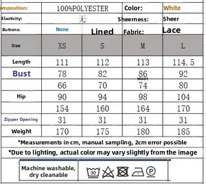 Tableau des tailles détaillé pour robe en dentelle blanche avec mesures en cm du XS au L