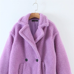 Purple faux shearling long coat with lapel collar and double-breasted black buttons