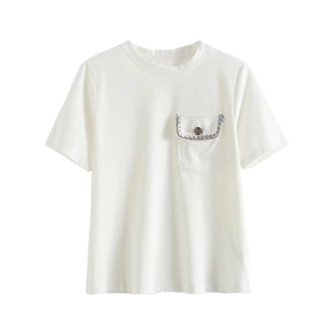 Women Elegant Tweed Style White T-Shirt Short Sleeve Crew Neck Top With Decorative Pocket Metal Button Casual Fashion Top
