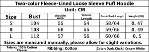 Size chart for fleece-lined hooded sweatshirt with ruched sleeves and loose fit details