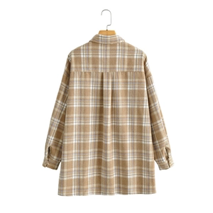 Camisa de cuadros para mujer de manga larga con ajuste holgado y estampado caqui retro