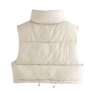 Quilted cropped vest for women with high collar and adjustable drawstring hem in beige