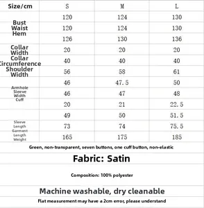 Size chart for green floral satin shirt with detailed measurements and care instructions