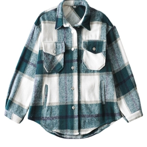 Plaid flannel shirt jacket for women with lapel collar and chest pockets in blue and green