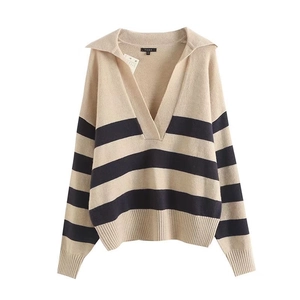 Women's V-neck polo knit sweater featuring classic blue and beige stripes on white background