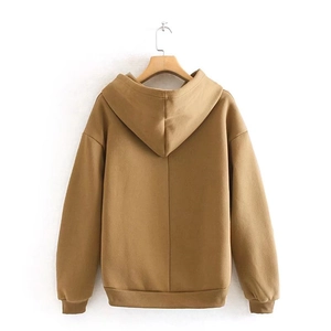 Back view of camel oversized fleece hoodie featuring drop shoulder and ribbed hem details
