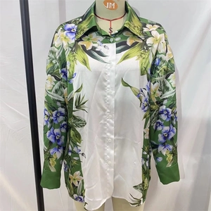 Women's floral print long sleeve satin shirt with tropical botanical design and collar