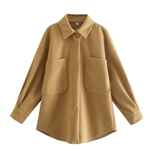 Women's Oversized Woolen Shacket Solid Color Lapel Shirt Jacket Large Pockets Long Sleeve Outerwear Warm Fall Coat