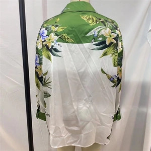 Floral print long sleeve satin shirt with dark green patchwork and button-down collar