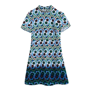 Mini Robe Vintage pour Femmes Imprimé Géométrique Hexagone Nid d'abeille Col Montant Manches Courtes Coupe Ajustée Streetwear