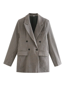 Women Houndstooth Blazer Double Breasted Polyester Jacket Slim Fit Long Sleeve Streetwear Office Wear Lapel Neck Outwear